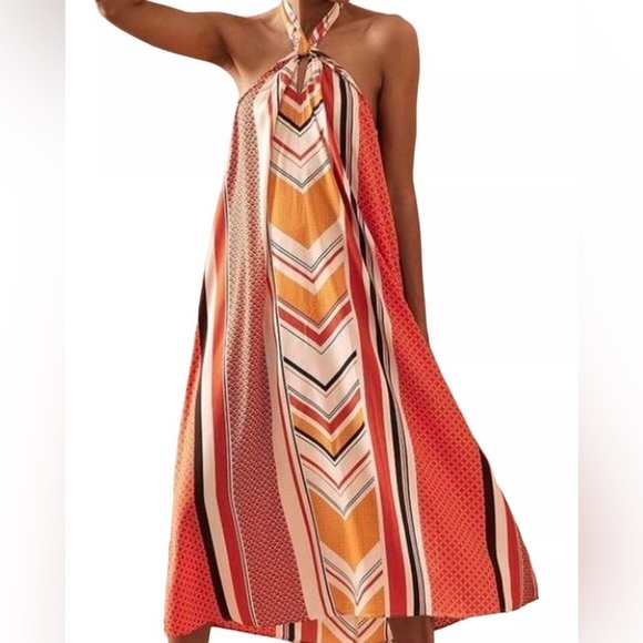 Banana Republic twist neck satin geometric print halter tie midi dress size XS - Picture 2 of 8